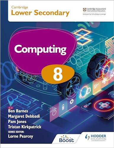 Cambridge Lower Secondary Computing 8 textbook cover with robot and phone.