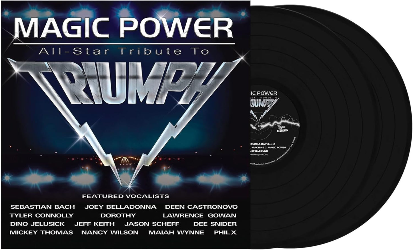 Vinyl record cover for Magic Power All-Star Tribute to Triumph with two black discs.