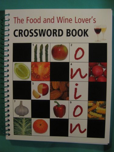 Spiral-bound crossword puzzle book with food and wine imagery on the cover.