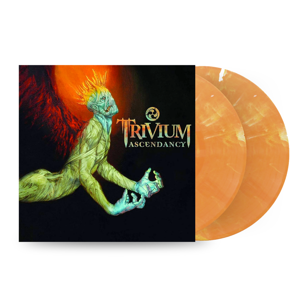 Trivium “Ascendancy” vinyl record with orange and yellow swirl coloring.