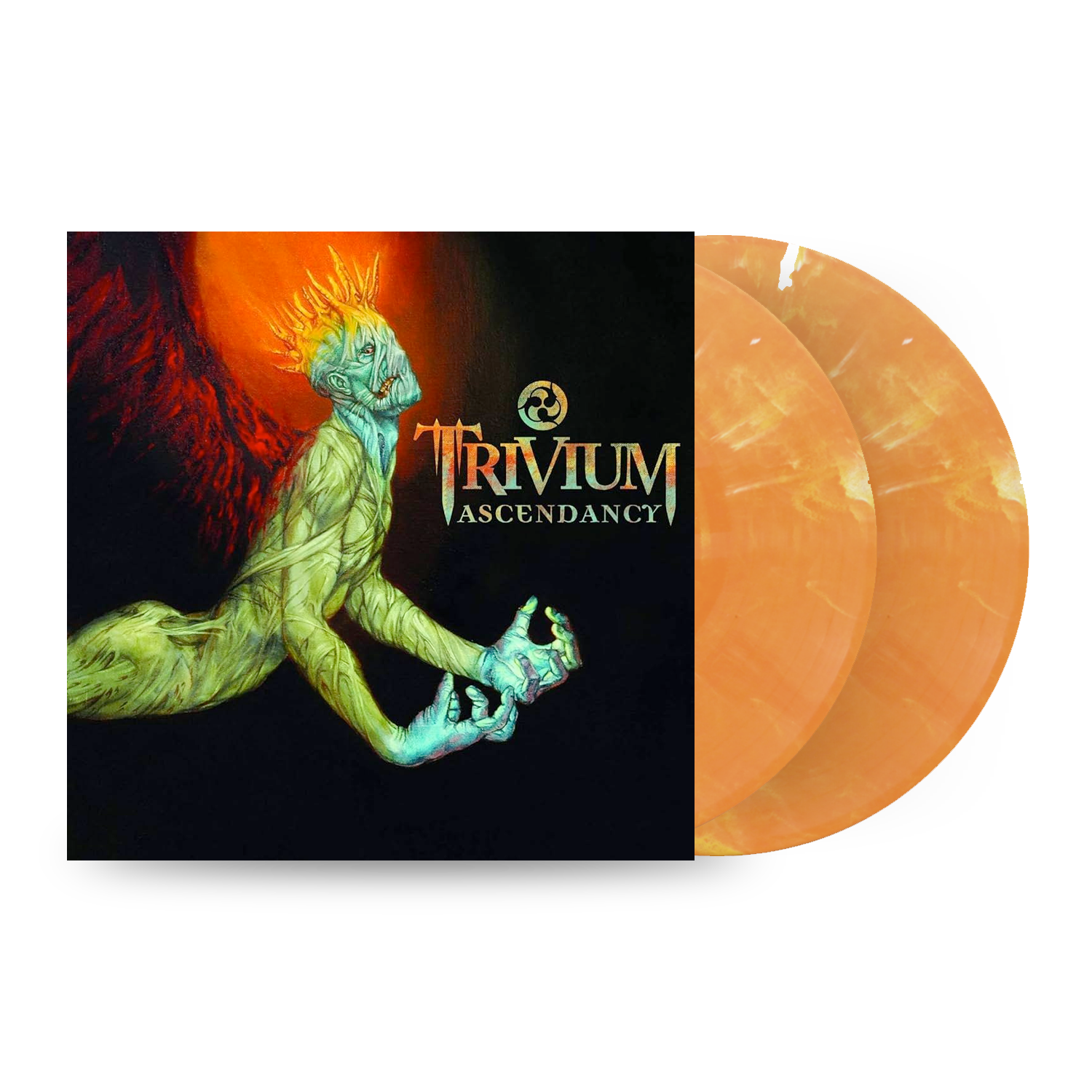 Trivium “Ascendancy” vinyl record with orange and yellow swirl coloring.