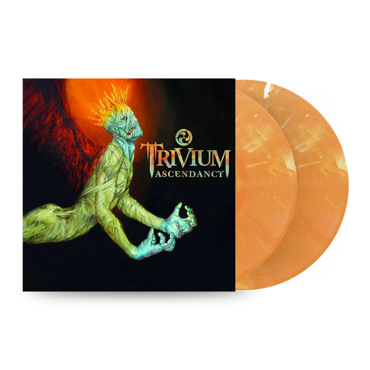 Trivium “Ascendancy” vinyl record with orange and yellow swirl coloring.