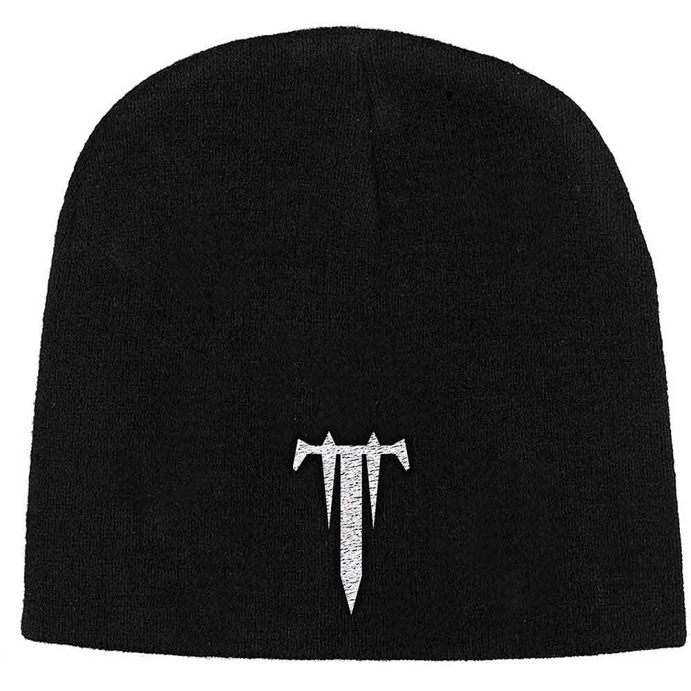 Black knit beanie featuring the white letter T logo embroidered on the front.