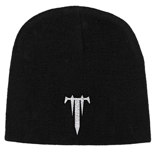 Black knit beanie featuring the white letter T logo embroidered on the front.