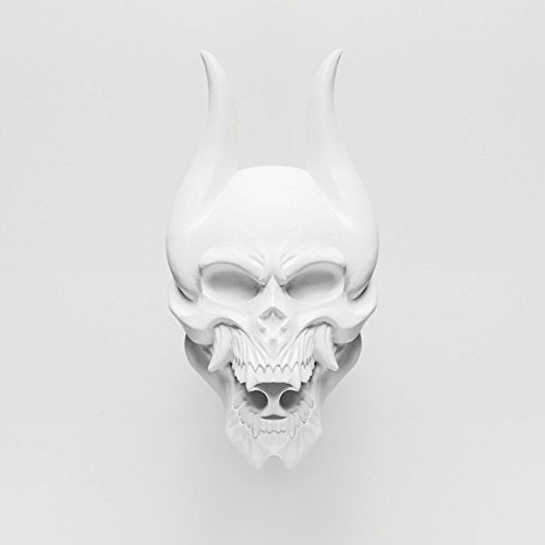 White, stylized skull with horns against a plain white background.