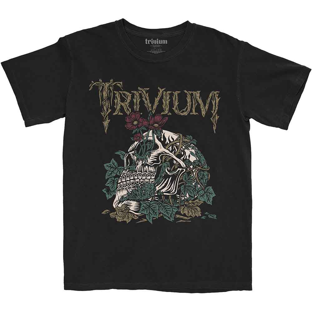 Black T-shirt featuring a skull intertwined with vines and flowers below Trivium band logo.