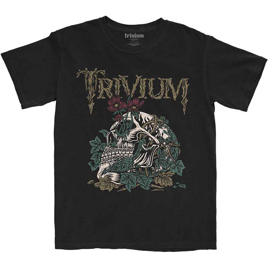 Black T-shirt featuring a skull intertwined with vines and flowers below Trivium band logo.