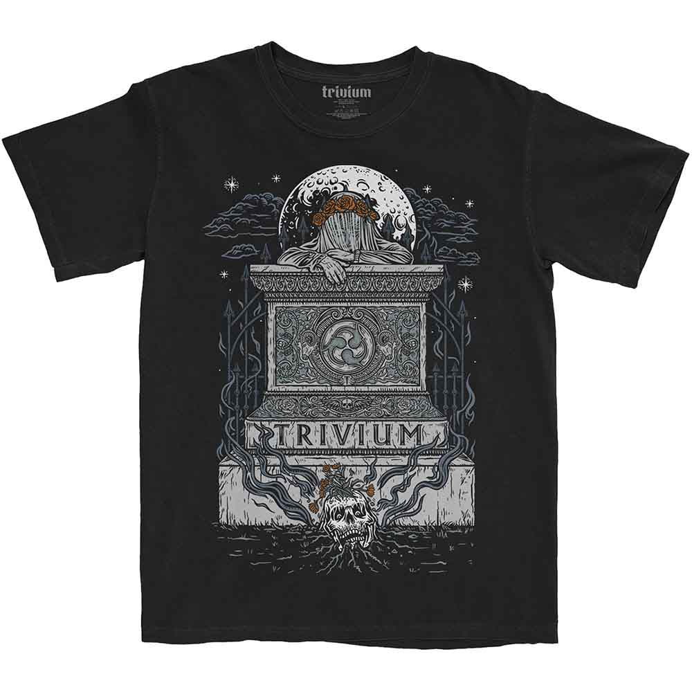 Man wearing a black Trivium t-shirt with a white tomb graphic and logo.