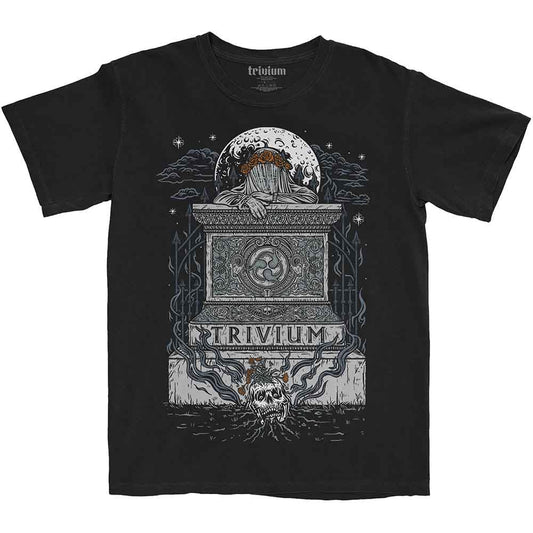 Man wearing a black Trivium t-shirt with a white tomb graphic and logo.