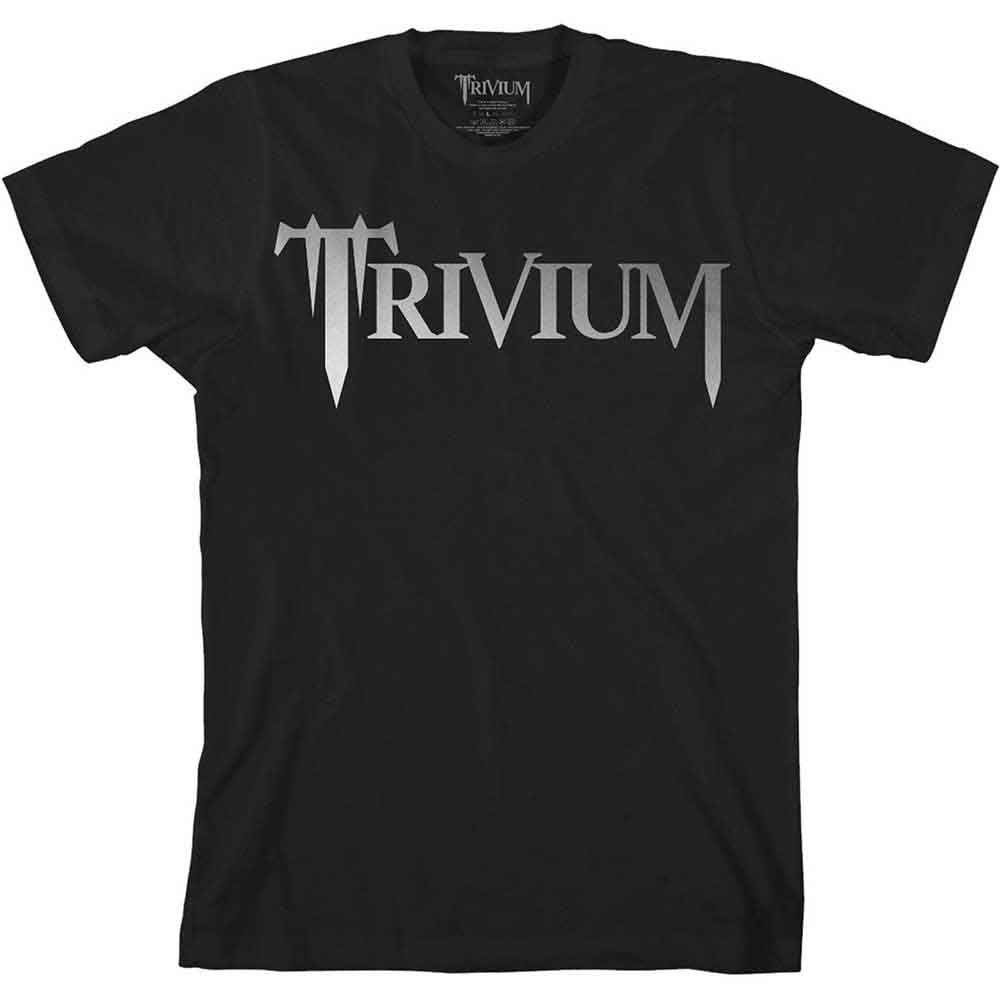 Black unisex t-shirt with metallic silver Trivium band logo, size X-Large.