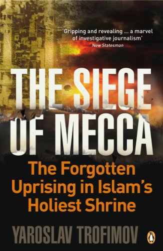 Book cover for "The Siege of Mecca" with a distressed, fiery background.