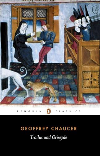 Medieval illustration of figures and dogs on book cover, "Troilus and Criseyde.