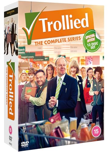 DVD cover for British sitcom "Trollied" featuring supermarket staff.
