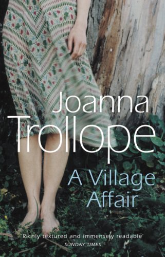 Book cover: woman in patterned dress, title "A Village Affair" by Joanna Trollope.