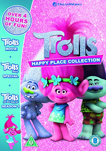 DVD cover featuring pink glitter and characters from the Trolls franchise.