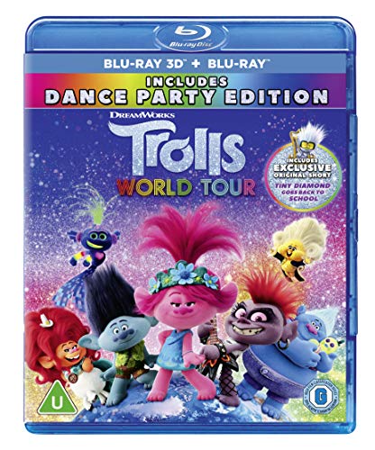 Blu-ray cover for "Trolls World Tour" featuring colorful animated characters.