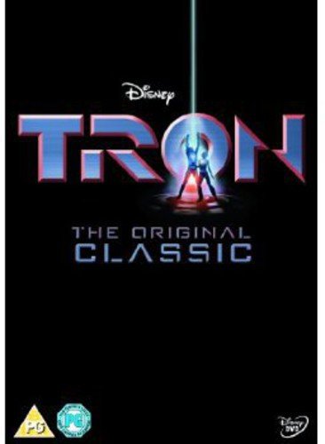 Tron" (1982) DVD cover featuring neon blue lettering and a digital figure.