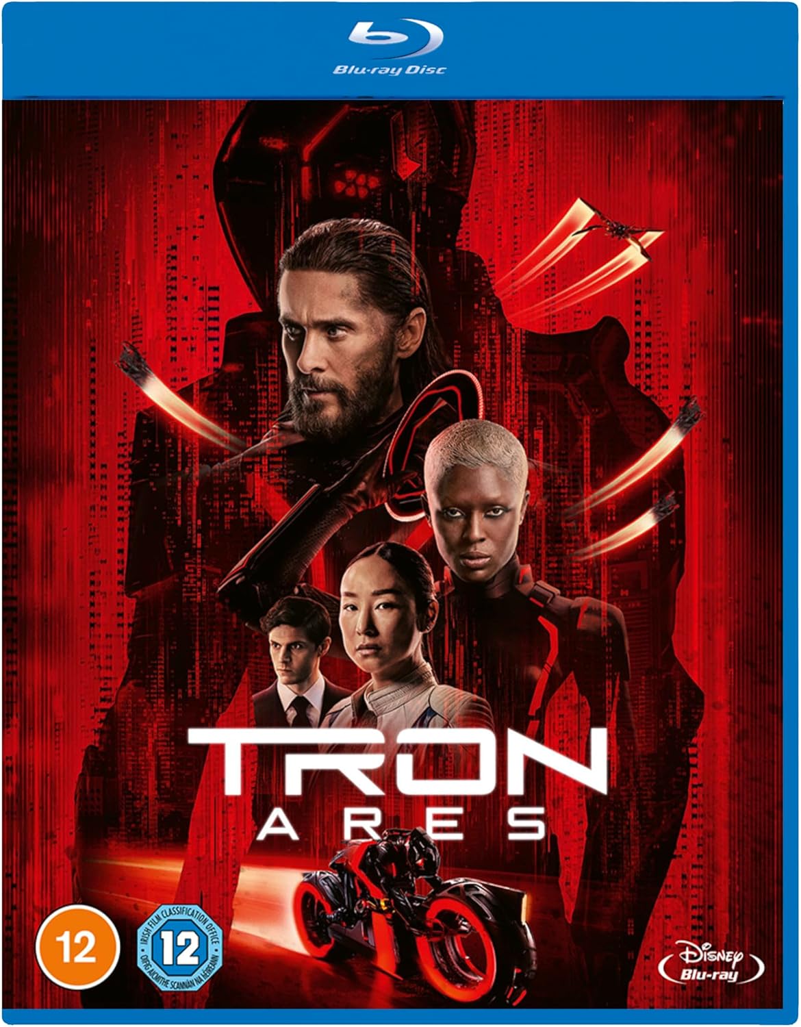 Tron: Ares Blu-ray cover featuring characters and red digital grid.
