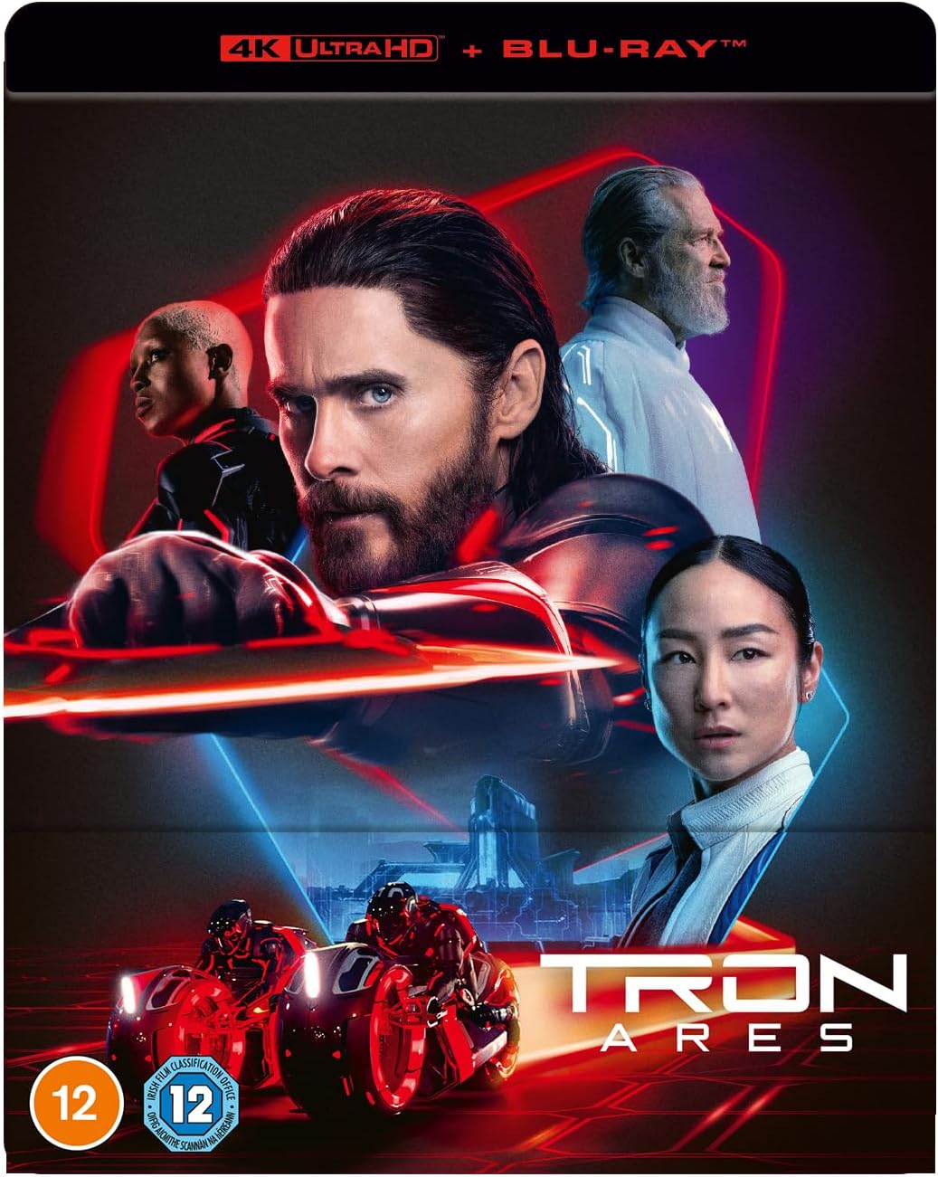 SteelBook cover for Tron Ares, featuring figures in a digital cityscape.