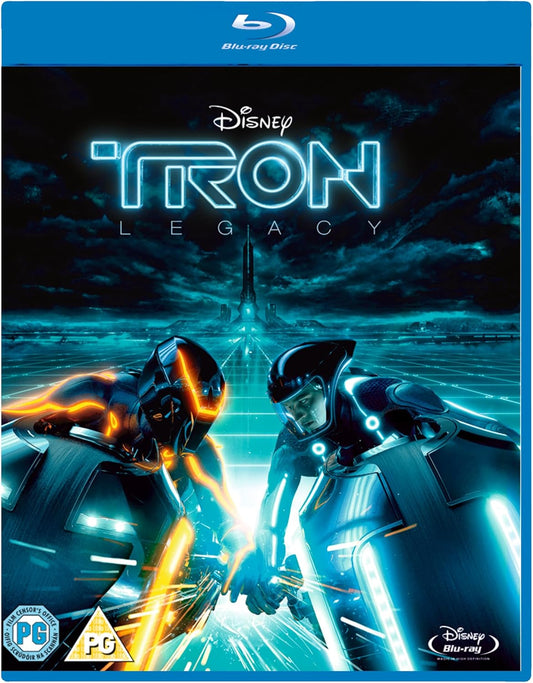 Blu-ray cover for "Tron Legacy" featuring figures on light cycles in a digital world.