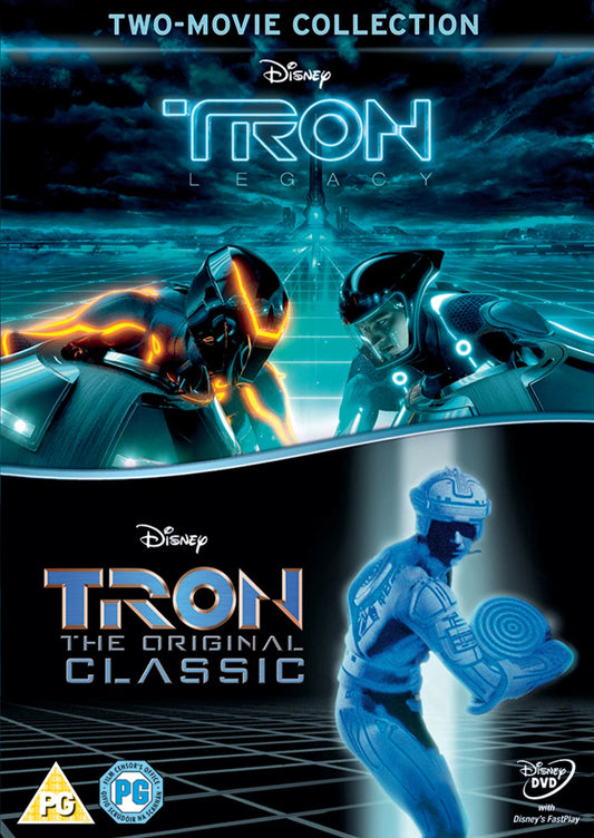 DVD cover for “Tron/Tron Legacy” featuring characters in digital landscapes.