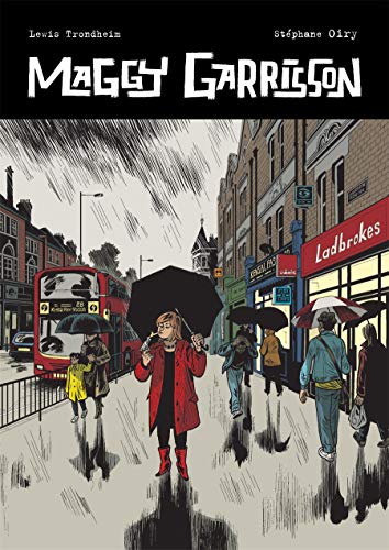 Book cover: rainy London street scene with people and a red bus.