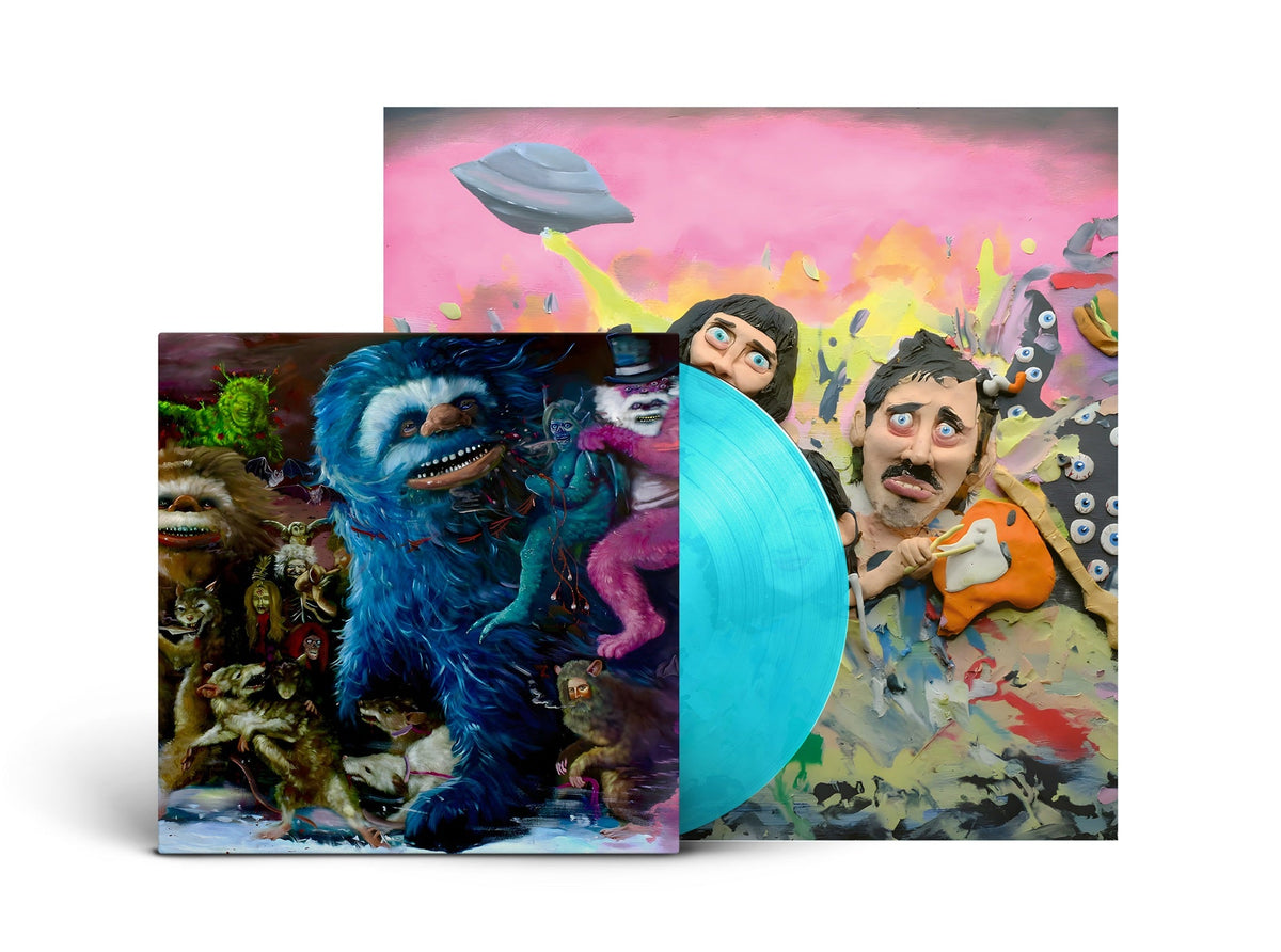 Album cover with surreal, colorful painting and a light blue vinyl record.