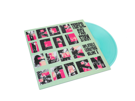 Blue vinyl record with a green and pink collage album cover.