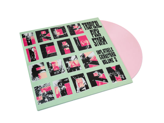 Vinyl record with collage cover and pink record beside it.