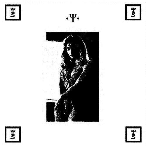 Black and white album cover featuring a portrait of a woman and four symbols.