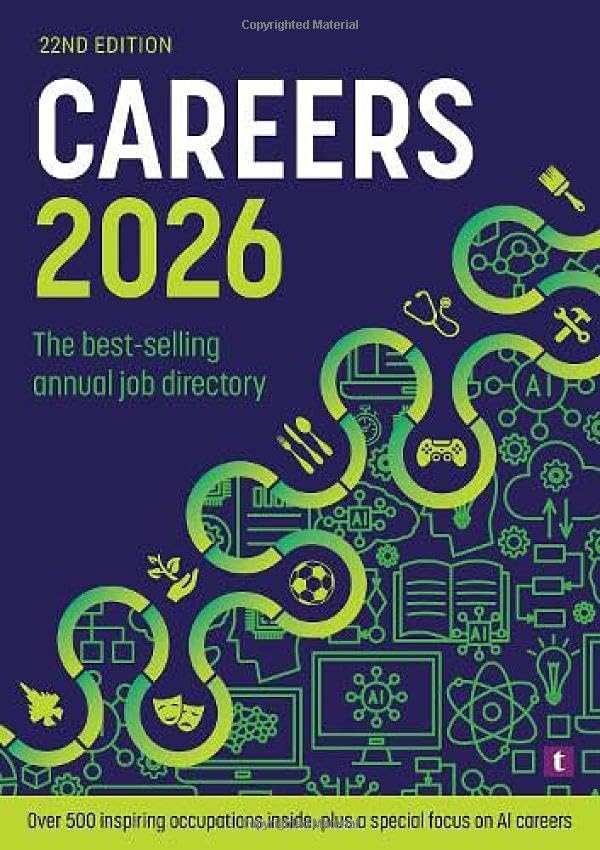 Book cover for Careers 2026 with a dark blue background and green career icons.