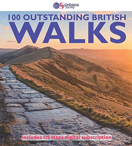Book cover titled 100 Outstanding British Walks featuring a stone path in hilly landscape.