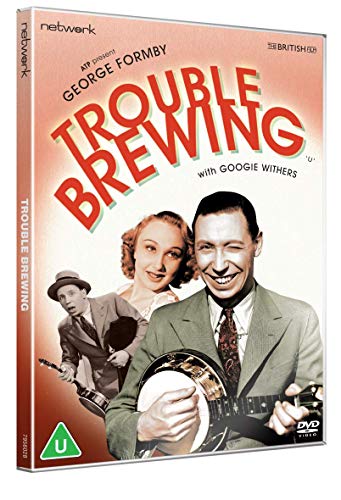 DVD case for "Trouble Brewing" with vintage image of three actors.
