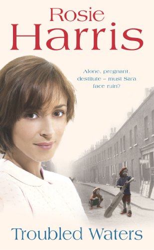 Book cover: woman’s portrait with street scene in background, “Troubled Waters”.