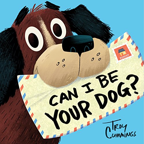 Brown dog with large eyes holds a colorful, striped letter.