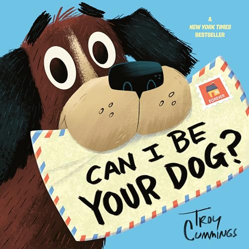Cartoon dog’s face peeks from behind a letter asking “Can I Be Your Dog?”