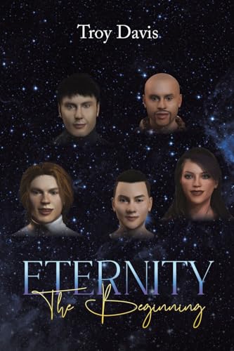 Book cover with five digitally rendered faces against a starry background.