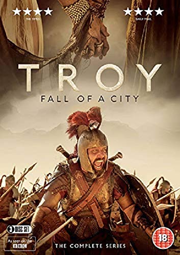DVD cover of "Troy: Fall of a City" showing a warrior in armor with swords.