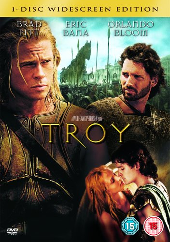 DVD cover for the movie Troy featuring Brad Pitt, Eric Bana, and Orlando Bloom.