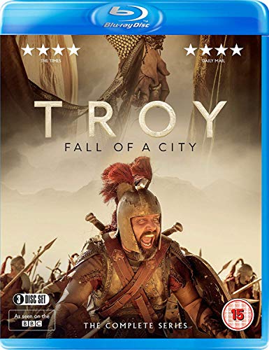 Blu-ray cover of "Troy: Fall Of A City" featuring armored warrior and battle scene.
