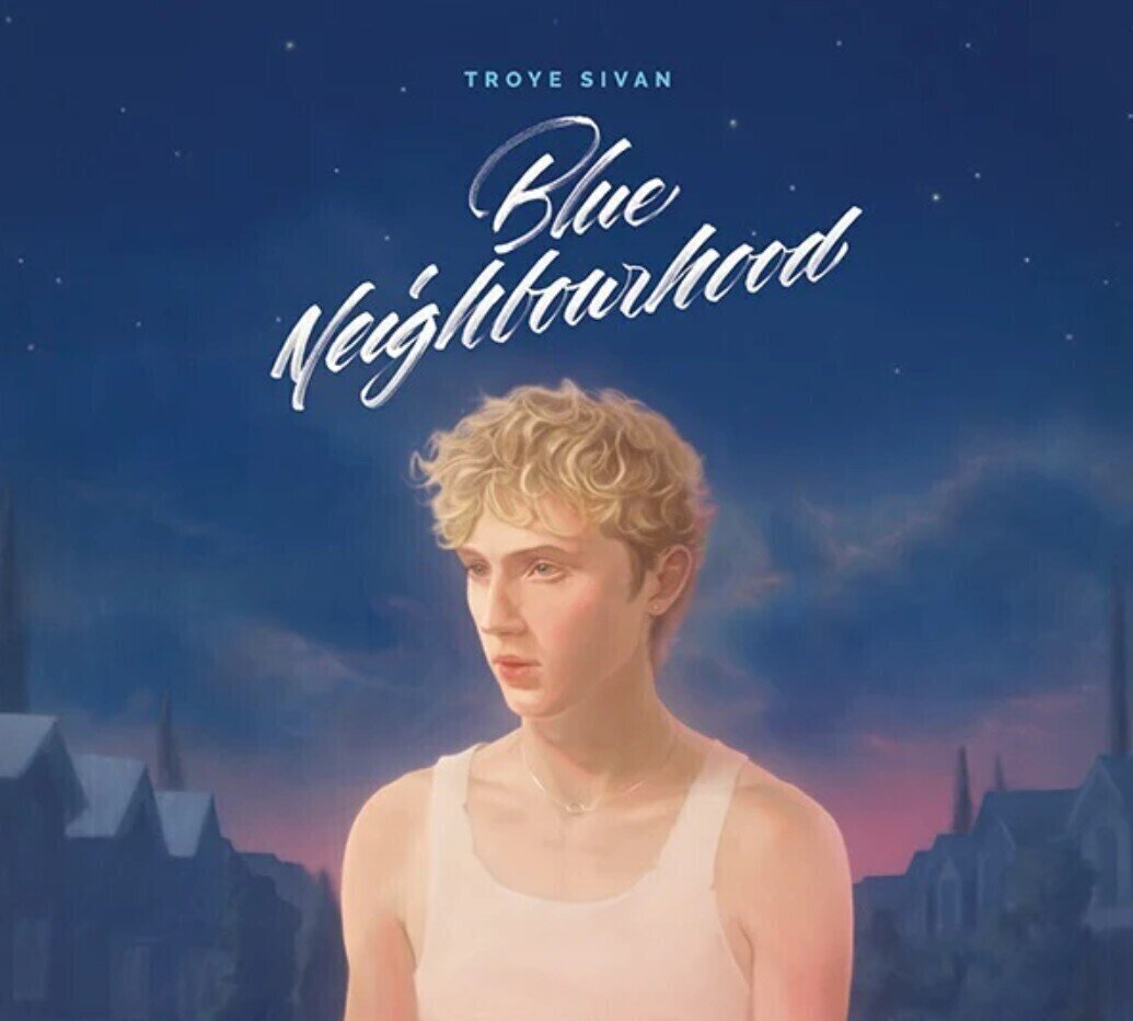 CD cover for Troye Sivan’s “Blue Neighbourhood” featuring a portrait and city skyline.