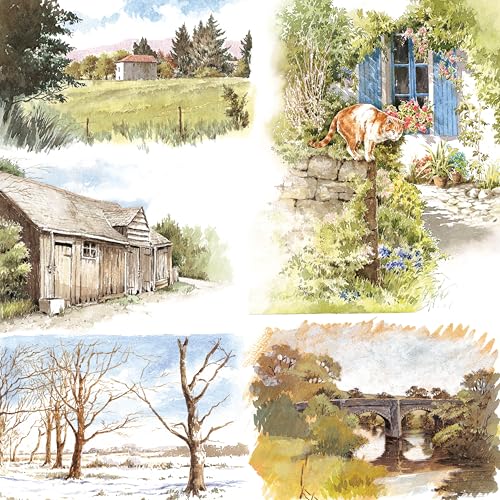 A collage of watercolor paintings depicting landscapes, a cat on a wall, and trees.