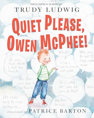 Book cover: boy with speech bubbles, titled "Quiet Please, Owen McPhee!".