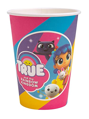 Colorful paper cup with cartoon characters and rainbow design for children's party use.