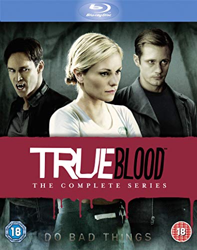 “True Blood” Blu-ray cover featuring three characters and dripping red text.
