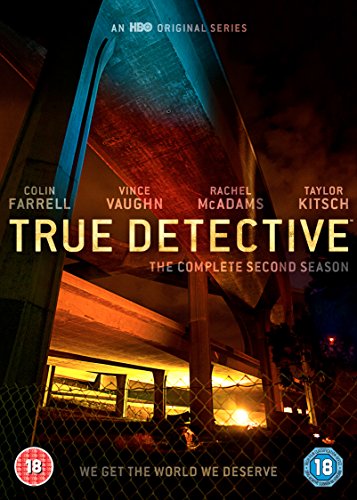 "True Detective season 2 DVD cover featuring a dimly lit industrial scene at night."
