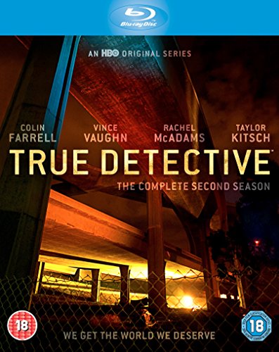 True Detective" Season 2 Blu-ray cover with Colin Farrell, Rachel McAdams, and Vince Vaughn.