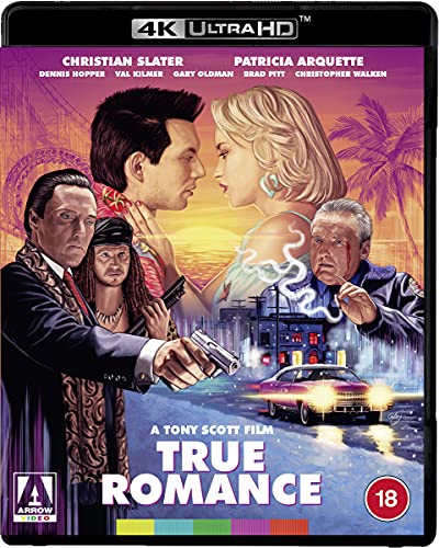 “True Romance” Blu-ray cover with cast portraits and a dramatic, colorful scene.