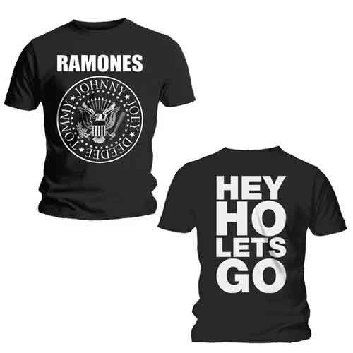 A man wearing a black Ramones t-shirt with a white band logo graphic.