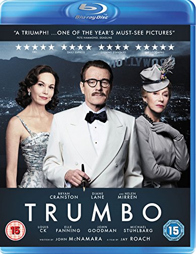 "Blu-ray case cover for 'Trumbo' with three actors against a Hollywood backdrop."